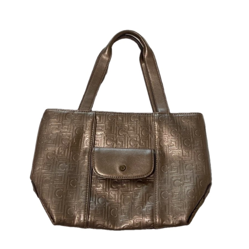 Liz Claiborne oooo shiny gold handbag with stylized “LC” pattern